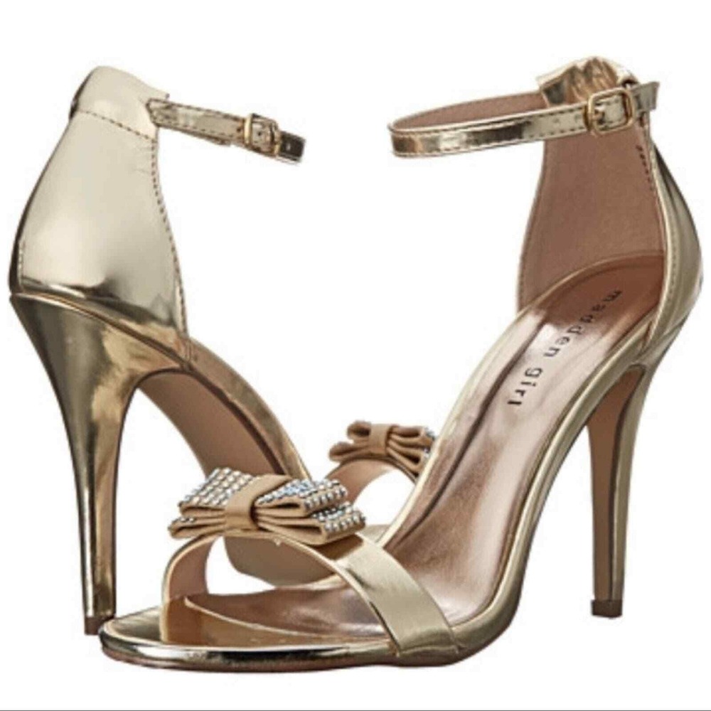 Madden Girl Gold Darlaaa Stiletto Heels W/Iridescent Rhinestone Bow Detail 8.5
